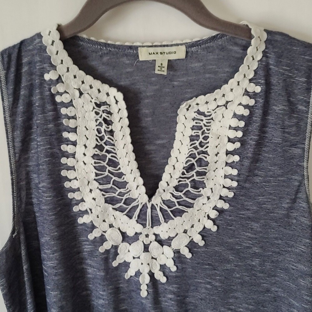 Max Studio Stripe Embroidered V Neck Sleeveless Tank Top  Sz S Blue White - Picture 4 of 9